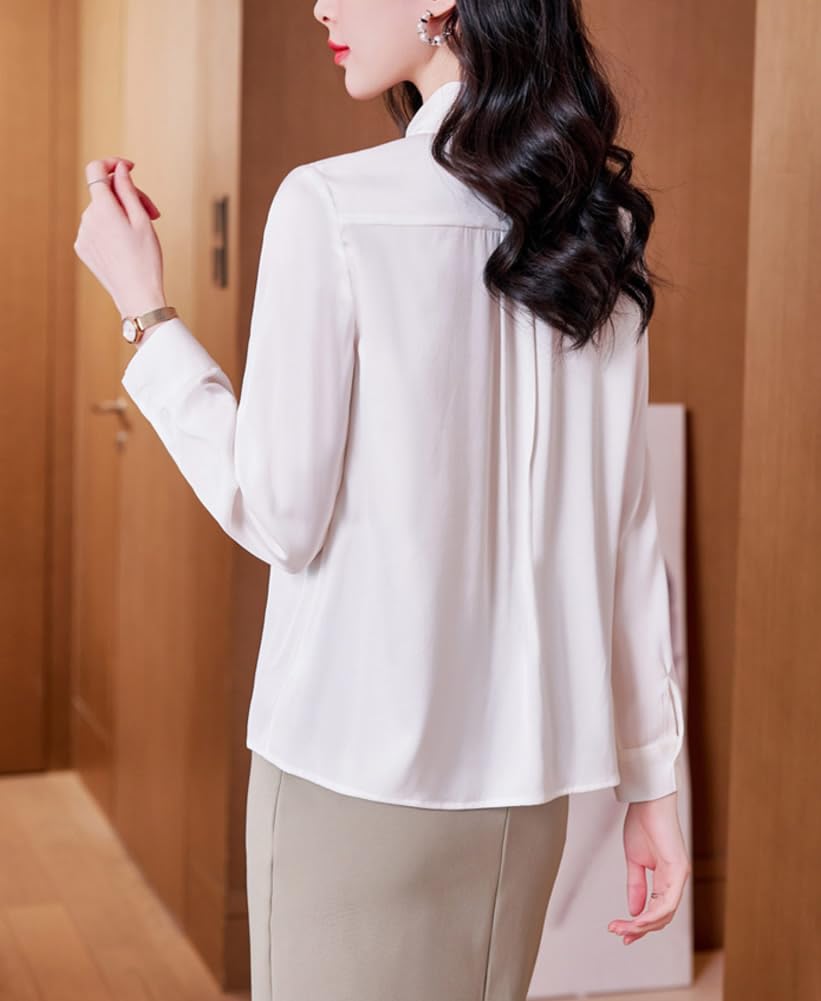 DISSA Camisa de seda para mujer con botones de manga larga blusa túnica de seda tops casuales de encaje de alas parte superior de color liso, S9651