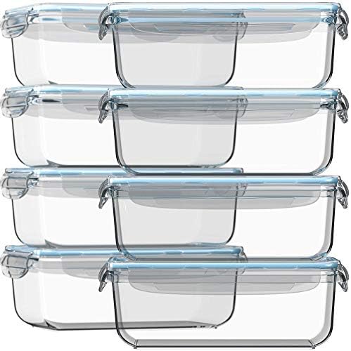 Glass Food Storage Containers with Lids 30 Oz 16 Pc (Set of 8) Airtight Large Glass Containers, Glass Meal Prep Containers Reusable Leak Proof BPA Free Glass Food Prep Containers Freezer to Oven Safe