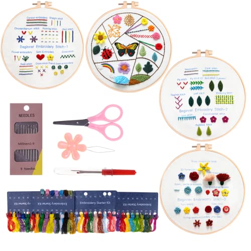 Vellbong Embroidery Kit For Beginners 4 Sets, Embroidery Stitch Practice Kit For Hand Craft Lover, Starters Cross Stitch Kits With Embroidery Cloth, Hoop, Color Threads, Scissors, Tools & Instruction #TOP13