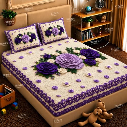 Image of RUMPS 7D Printed Microfiber Bedsheet with 2 Pillow Covers, 90x100 Inches Double Bed Sheet, Soft & Comfortable Fabric, Premium Floral Design, Elegant Purple Bedsheet for Bedroom Home Decor
