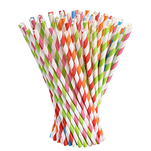 Vicloon 100 Pcs Pailles Papier Réutilisables, Paille Rayée Coloré pour Mason Jar Verre Anniversaire, Mariage Noël Douche de Bébé Célébration et Fête-5 Couleurs