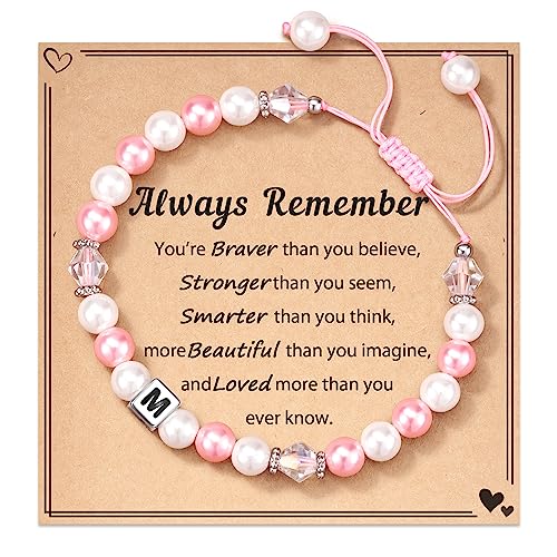 Image of Kindergarten Preschool Graduation Gifts for Little Girls | Commemorative Bracelet for Daughter /Granddaughter /Niece | Pink Pearl Initial Bracelet | Adjustable Length