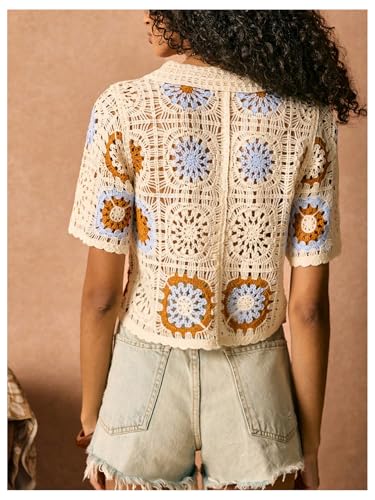 MakeMeChic Women's Crochet Sweater Vest Floral Scallop Trim Button Summer Boho Knit Tops3