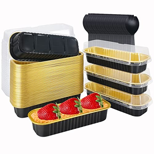 LNYZQUS Aluminum Foil Mini Loaf Pans with Lids 50 Pack, 6.8oz Rectangle Baking Cups Muffin Tins,Disposable Baking Tins Mini Baking Pans Holders -Black In Gold