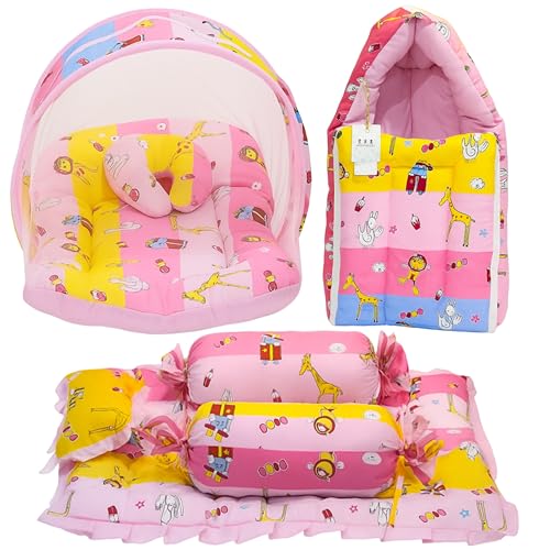 Image of Fareto Combo of Baby Bed with Net | Carry Bag | 4 Pcs Bedding Set (0-6 Months, Baby Size, Cotton) (Pink Giffi)