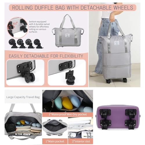 Beente Travel Bag With Wheels,Carry on Duffle Bag with Wheels, 2025 New Large Capacity Travel Bag - Universal Wheel Removable (Violet Blue)2