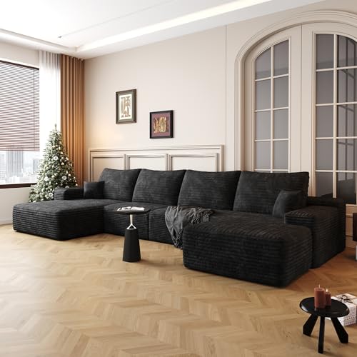 RENDGO 135" Cloud Sectional Boneless Couch with L-Shape Chaise,Modern Modular Sofa with Deep Seat,Upholstered Couches for Living Room Bedroom,No Assembly Required,Black