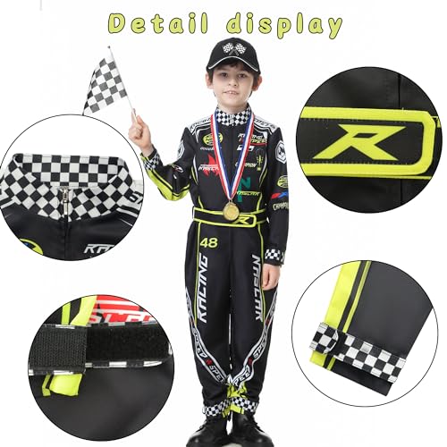 KUKIKUKI Race Car Driver Costume Boys Racer Jumpsuit With Car Cap Kids Dress Up for Halloween (Black, 120) - Image 4