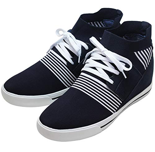 Toto Men's Invisible Height Increasing Elevator Shoes - Blue/White Knitted Lace-Up High-Top Ankle Sneakers - 2.8 Inches Taller - H36092 - Size 9 D(M) Us #TOP2