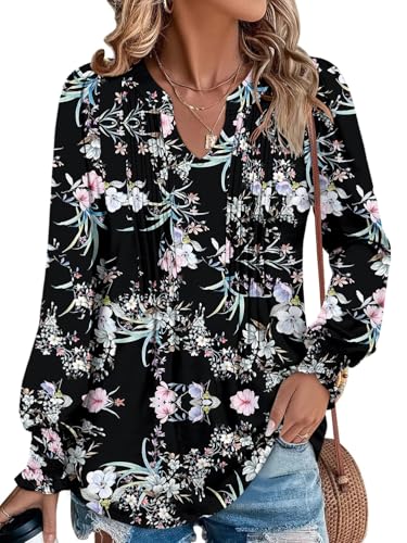 BETTE BOUTIK Long Sleeve Shirts for Women Fall Tops Dressy Blouses Pleated V Neck Tunic Tops for Leggings S-3XL