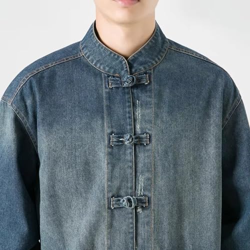 Autumn Mens Chinese Style Tang Suit Washed Denim Top Stand Collar Denim Jacket Men Casual Coat Jacket Men3