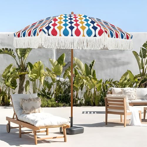 Image of AMMSUN 7ft Patio Umbrella with Fringe Outdoor Tassel Umbrella UPF50+ Premium Steel Pole and Ribs Push Button Tilt, Wave Colorful