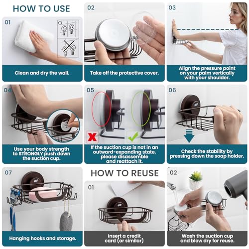 Image of TAILI Soap Holder, Soap Dish Suction Cup with Hooks, Stainless Steel, Brown | Soap Dish for Shower, Bathroom Bar soap holder Shower Wall, Stainless Steel Sponge Holder for Tub Kitchen