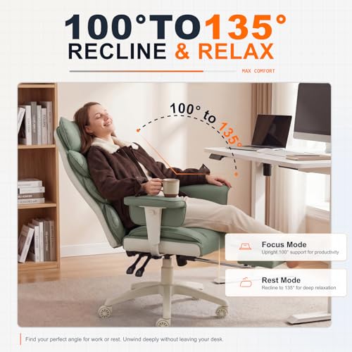 Image of Dowinx Big and Tall Office Chair with Pocket Spring Cushion,High Back Computer Gaming Chairs with Adjustable Armrests,Executive Desk Chairs with Lumbar Support and Footrest,PU-Green