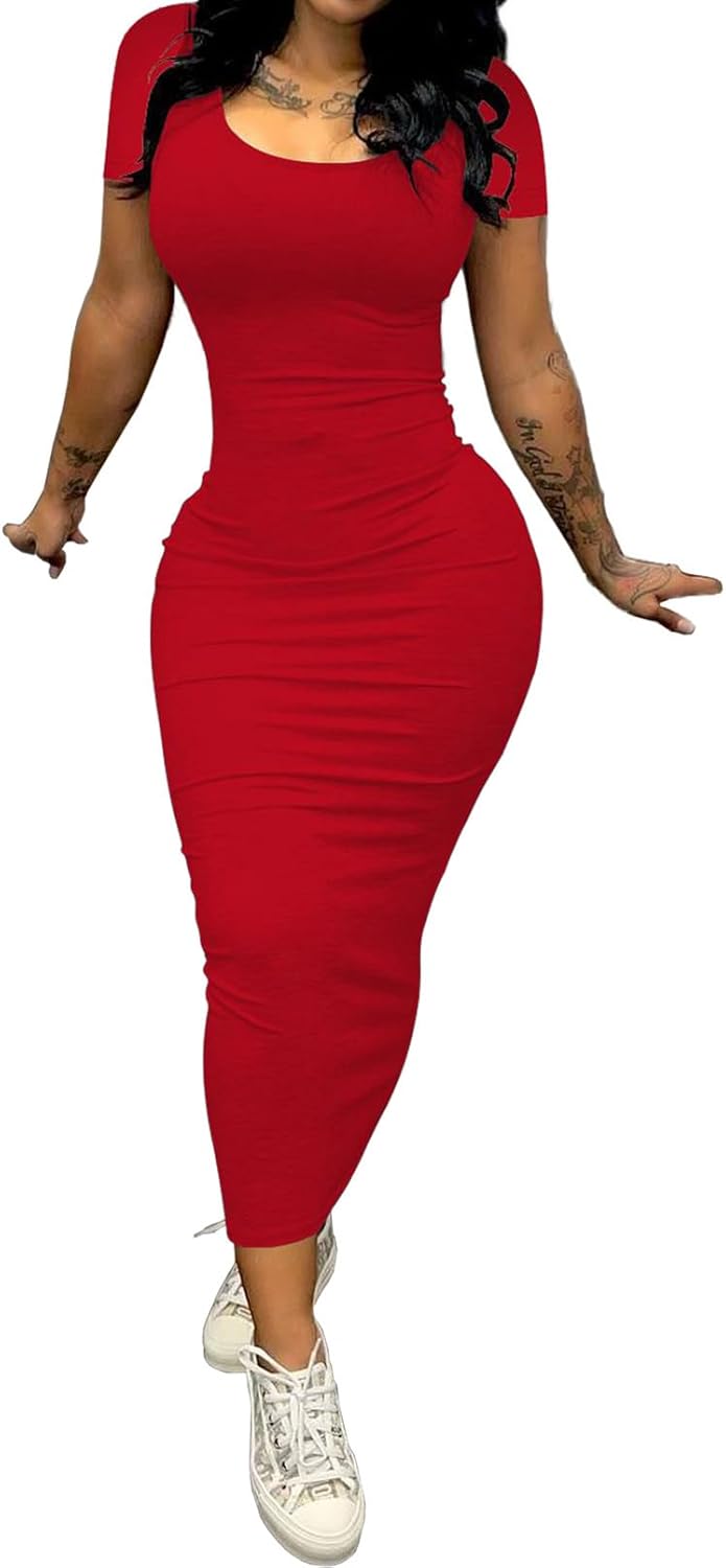 PINSV Women's Casual Bodycon Maxi Dress Summer Scoop Neck Short Sleeve Long Fitted Dresses Club Party - Image 2