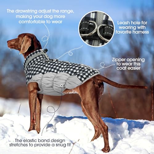 Image of Dog Coat for Large Dogs,Waterproof Dog Winter Jacket with Harness Built in Puppy Cold Weather Coats Reflective Pet Vest with Zipper Warm Fleece Dogs Snowsuit Windproof Checkerboard 3XL