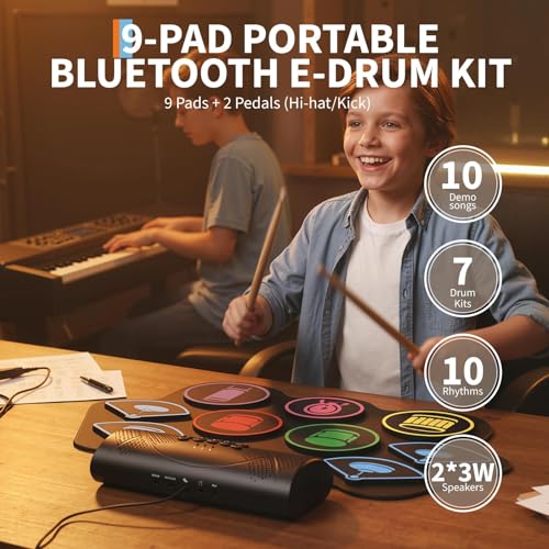 Image of Wireless Electronic Drum Set with 9 Pads, Portable Roll-Up Practice Kit for Kids & Beginners , Built-in Speaker, LED Lights, Recording & Headphone Output ,Includes Kick Pedal, Drum Sticks