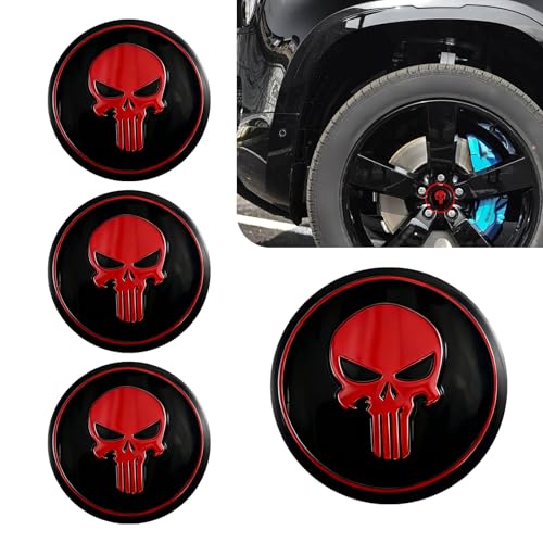 4PCS Car Wheel Center Hub Cap Cover, Metal Waterproof Rustproof Scratch-Resistant Wheel Hub Protector, Self-Adhesive Cool Skull Pattern Badge Sticker, Universal for Most Cars, Trucks, SUVs (Red)