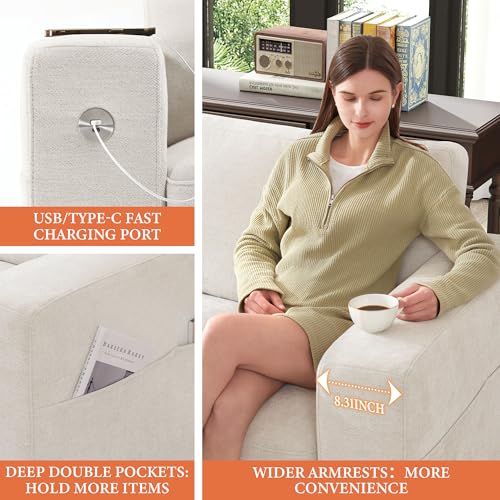 Image of Ihanherry Modern Sofa Living Room Loveseat with USB /Type-C Charging Port, Comfy 2-Seats Chenille Recliner Sofa for Small Space, Removable Medium Firm Sofa Cushion, (70inch, Beige)
