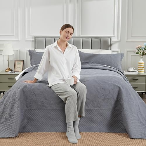 Image of ENJOHOS Oversized King Bedspreads 128x120, California King Quilt Sets, Extra Wide Large King Size Quilts for Bed, Lightweight Reversible Microfiber 3Pieces Cal King Dark Grey Quilt