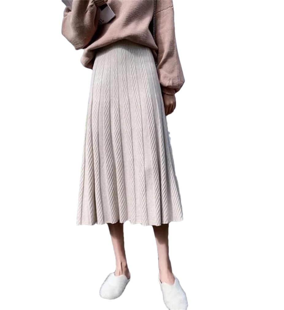 HXZASFG Falda Larga de Punto de Color Liso Elegante para Mujer, Falda Tipo suéter de Cintura Alta Gruesa de Invierno, Faldas Plisadas de Corte a para Mujer