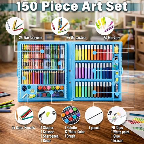 Image of WISHKEY 150 Pieces Art Set for Kids with Case, Art and Craft Supplies Kit for Drawing and Painting, Color Set with Markers, Water Colors, Brush, Color Pencils, Crayons (Pack of 1, Blue)