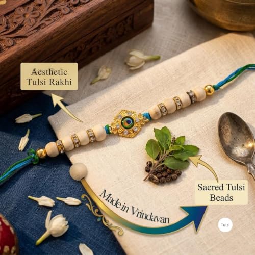 Image of Original Tulsi Rakhi for Brother | Handmade Natural Tulsi Beads Rakhi | Sacred Raksha Bandhan Rakhis for Boys | Traditional Spiritual Rakhi Gift