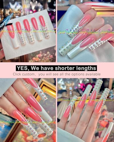 HAND-PAINTED White Press Ons Neon Small Press on Nails Long French Press on Nails Coffin Medium Short Nail art Fake Nail Art Kit with 7g Glue on Nails Handmade Almond Square Nails (Medium, J1)