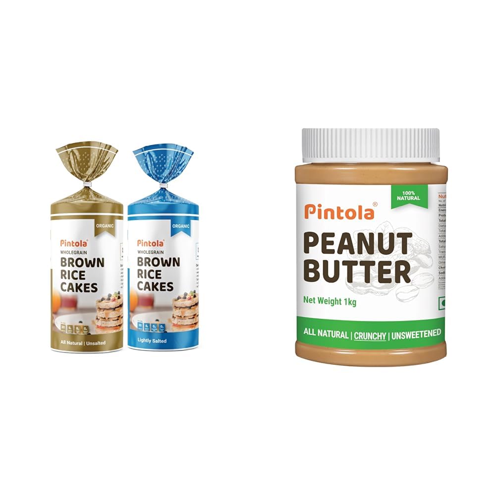 pintola healthy snacking combo: organic wholegrain brown rice cakes (unsalted & lightly salted) 130g each + all natural crunchy peanut butter 1kg | unsweetened, 30g protein, vegan, gluten-free