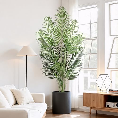 Image of 7ft Artificial Palm Tree - 210cm Tall Fake Areca Palm Plant with 18 Leaves and Realistic Bark Design - Faux Tropical Plants with Pot Perfect for Indoor Home, Living Room, or Bedroom Decor