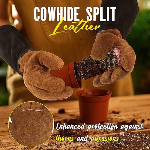 Image of HANDLANDY Rose Pruning Gloves for Men Women, Thorn Proof Gardening Gloves | Long Leather Gardening Gloves, Breathable Leather Gauntlet, Best Garden Gifts & Tools for Gardener (Caramel Brown, XL)