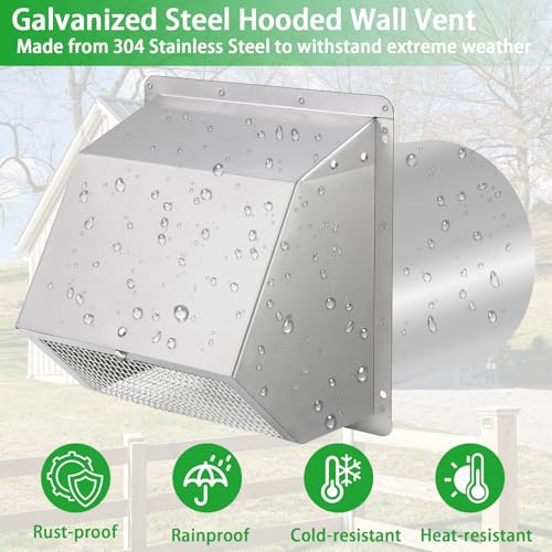 Image of 12 Inch Hooded Wall Vent with Screen and Damper,Outdoor Wall Exhaust Vent Cover Cap for Exterior HVAC Duct Industrial Facilities Kitchen Range Hood Dryer Ventilation and Air Exhaust,Stainless Steel