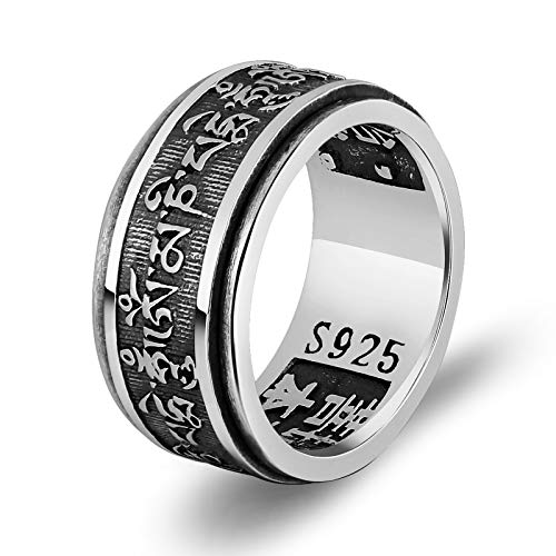 Bague argent 925 homme anneau tourné mantra bouddhiste punk noir