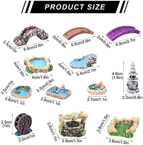 Gukasxi 12 Pcs Micro Landscape Ornament Craft Miniature Fairy Garden Figurines Accessories Fairy Pond Bridge Water Well Figurines Miniature Lawn Decoration for DIY Craft Fairy Garden House Decoration