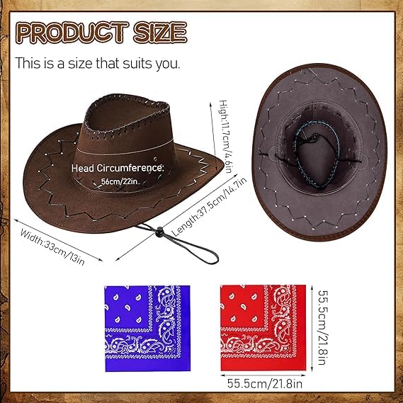 12 Chapeaux de Cowboy avec Bandanas – Pack de Chapeaux de Cowboy et Bandanas pour Fête d'Halloween, Déguisement de Cowboy pour Anniversaire (Marron, Noir)
