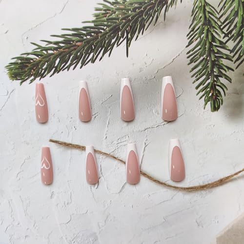 French Tip Press on Nails Pink Fake Nails White Tip False Nails with Heart Designs Medium Glue on Nails Full Cover Glossy Acrylic Nails Cute Artificial Nails Coffin Stick on Nails for Women DIY Nails