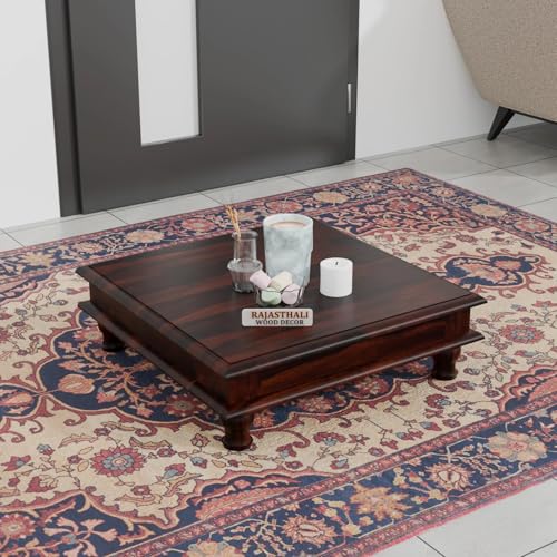 Image of Solid Sheesham Wood Pooja Chowki for Home & Mandir | Wooden Chowki Table for Living Room, Hall & Office | Traditional Low Height Wooden Table for Pooja Room, Coffee & Dcor | Walnut Finish
