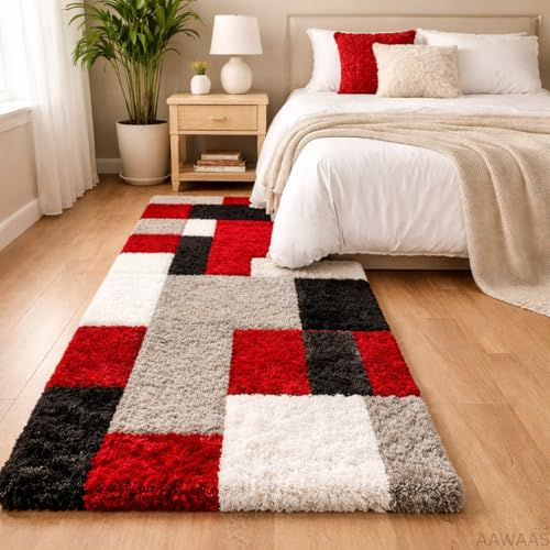 Image of 3D Shaggy Polyester Carpet Rug Runner Area Mats for Bedroom /Living Area /Home with Anti Slip Backing Soft /Fluffy Hight Pile - (3D Red B, 2x6 feet)