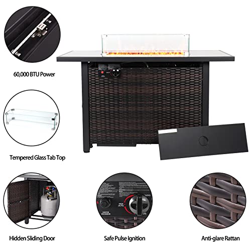 44 In Propane Fire Pit Table,Rattan Fire Pit Table With Glass Wind Guard,60,000 Btu Auto-Ignition Gas Firepit,Csa Certification And Black Tempered Glass Tabletop ,For Outdoor, Patio, Lawn… #TOP1