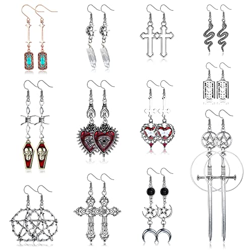JeryWe 12 pares de pendientes góticos punk para mujeres Juego de pendientes góticos de plata Vintage Pendientes colgantes de cristal con forma de cruz de serpiente y estrella lunar Cover