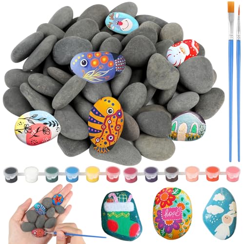 60 Pcs Pebbles for Painting Stones for Painting Flat Painting Pebbles with Paint and Brush Natural Smooth Decorative Pebbles Rocks to Paint for Crafts School Painting Flower Pots Decoration