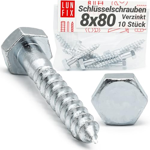 Tornillos para madera 8 x 80 mm DIN571 cabeza hexagonal acero galvanizado 10 piezas, tirafondos para madera resistentes, tornillo hexagonal de fijación en montaje y estructuras Lun Fix