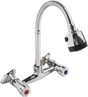 Comprar Grifo de cocina de doble manija montado en la pared Mezclador de fregadero de dos manijas con boquilla giratoria de 360° Aleación de zinc Acabado cromado Distancia central ajustable 150 mm para lavabo