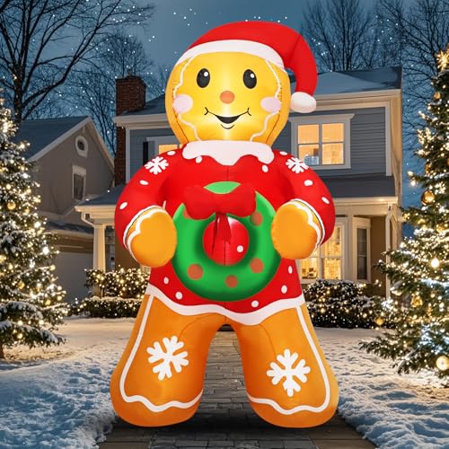 Christmas Gingerbread Man Inflatable Decoration 5.6 FT Outdoor Holiday Yard Decor with Santa Hat and...
