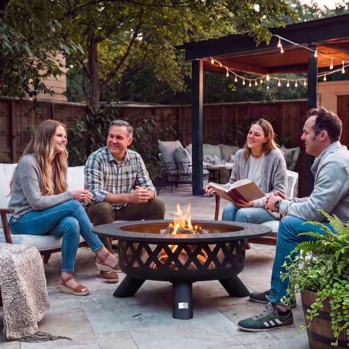 Image of SUNCREAT 42 inch Large Outside Fire Pit, Round Fire Pit Wood Burning with Widened Tabletop, Spark Screen, Fire Poker, Phombus Pattern