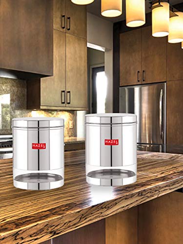 Image of HAZEL Stainless Steel Containers Set For Kitchen Storage Transparent See Through Glossy Finish Storage Jars Dabba, Set of 2, 2200 ML Each, Silver