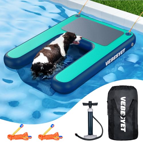 VEBESYET Inflatable Dog Water Ramp, Dog Floats Ramp Ladder for Pools, Boats, Docks, Sea and Lake, Non-Slip EVA 4ft x 3.3ft Platform for Dogs Up to 180LBS