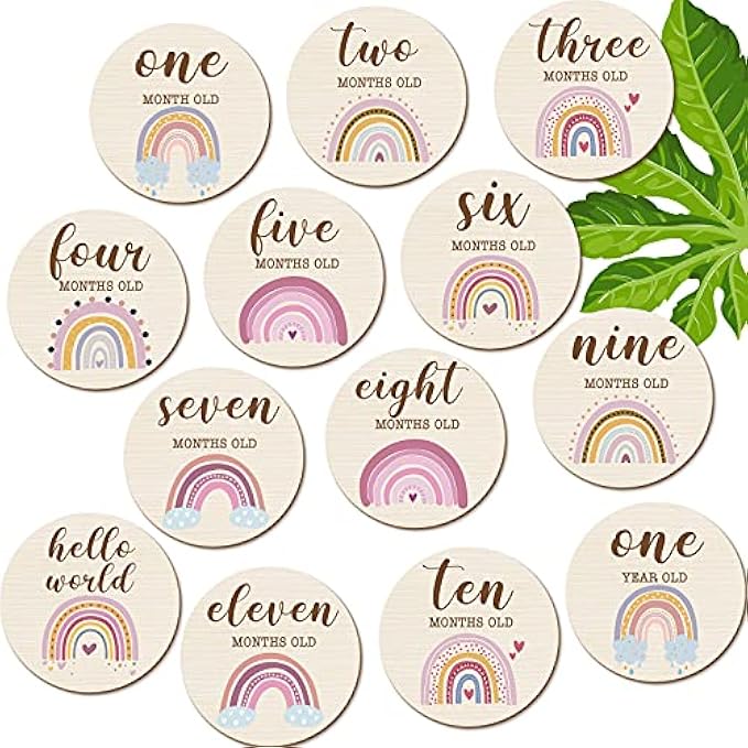 13 Pieces Wooden Baby Milestone Cards Boho Rainbow Double Sided Printed Milestone Discs Wood Gift Photo Prop Discs Sets Birth Announcement Sign for Baby Shower and Newborn Photo Props