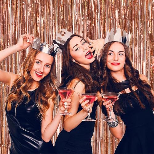 Image of TONIFUL 3Pcs Laser Rose Gold Door Streamers,Laser Rose Gold Photo Booth Backdrop Metallic Streamers Foil Fringe Curtains for Birthday,Christmas,New Year,Bachelorette Party Decor(9.9ft x 6.6ft)
