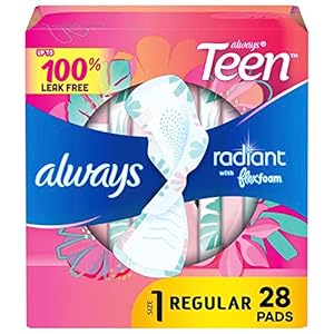 Always Radiant FlexFoam Teen Pads Regular Absorbency, 100% Leak Free Protection is possible, with Wings, Unscented, 28 Count